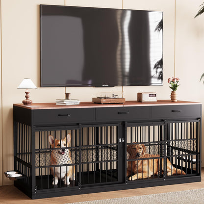 78.7" Extra Large Dog Crate Furniture, Double Dog Kennel with 3 Storage Drawers for 1 or 2 Dogs Heavy Duty Dog Cage as TV Stand with Removable Divider&360°Rotating Steel Bowls for Large Dogs