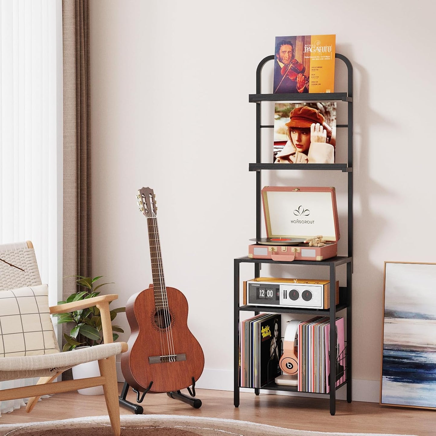 Record Player Stand with Vinyl Storage - 5-Tier Turntable Table with Adjustable Feet, Metal & Wood Cabinet - Console Organizer Display Shelf for Living Room, Apartment