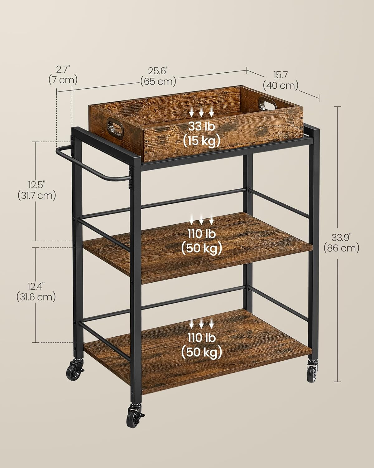 Kitchen Serving Cart with Removable Tray, 3-Tier Kitchen Utility Cart on Wheels with Storage, with Brakes, Leveling Feet, 15.7 X 28.3 X 33.9 Inches, Rustic Brown and Black ULRC72X