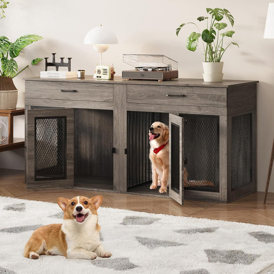 71 Inch Dog Crate Furniture for 2 Dogs，Xxl Thick Wooden Double Kennel TV Stand W/Removable Divider - Heavy Duty Indoor Cage for Large Breeds (Gray, 71L* 23.6W* 33.5" H)