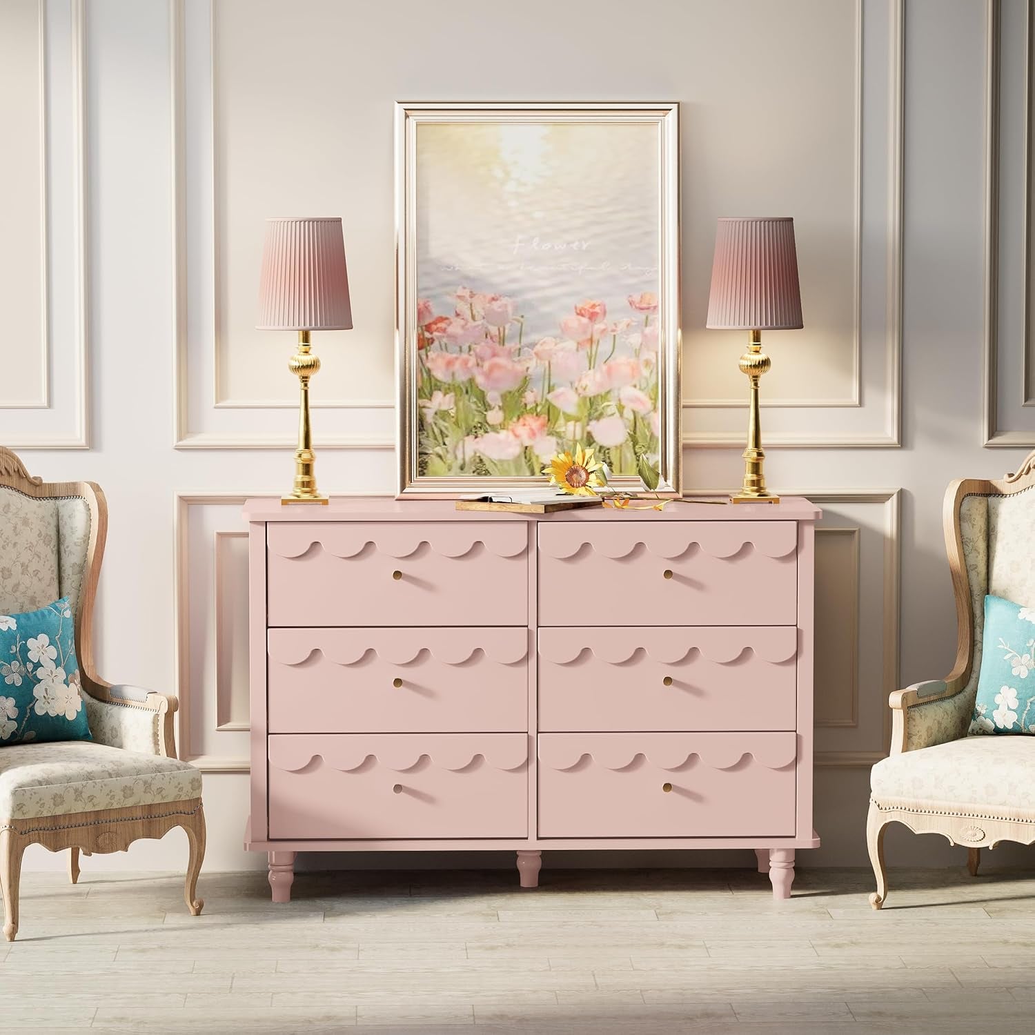 Bedroom Set 2 PCS 6 Drawer Dresser and Night Stand Sets for Bedroom, Two Drawers Nightstand & Scalloped 6 Drawer Dresser Combo 2 Pieces (Pink)