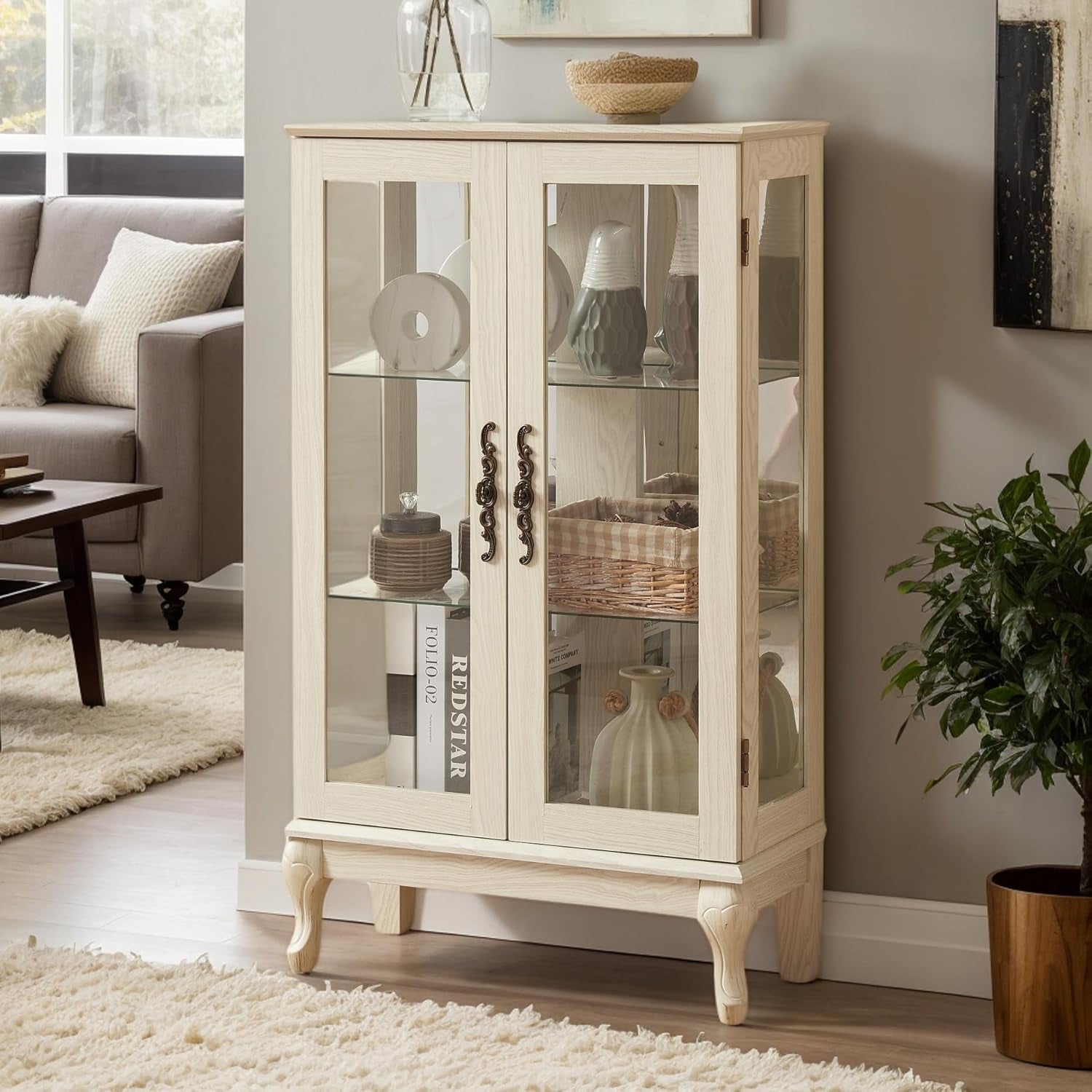 Lighted Curio Cabinet, 44" H Glass Display Case with Adjustable Glass Shelves, Vintage China Cabinet with Mirrored Back Panel & 3-Tier Shelves, Blub Included, Rack for Living Room (Antique White)