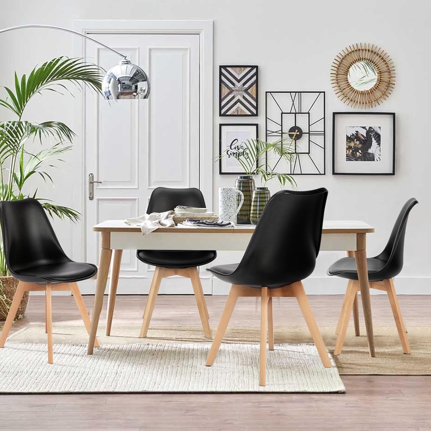 Dining Chairs Set of 8 Kitchen Mid Century Modern Chairs with Wood Legs and PU Leather Cushion for Living Room Bedroom Outdoor Lounge, Black