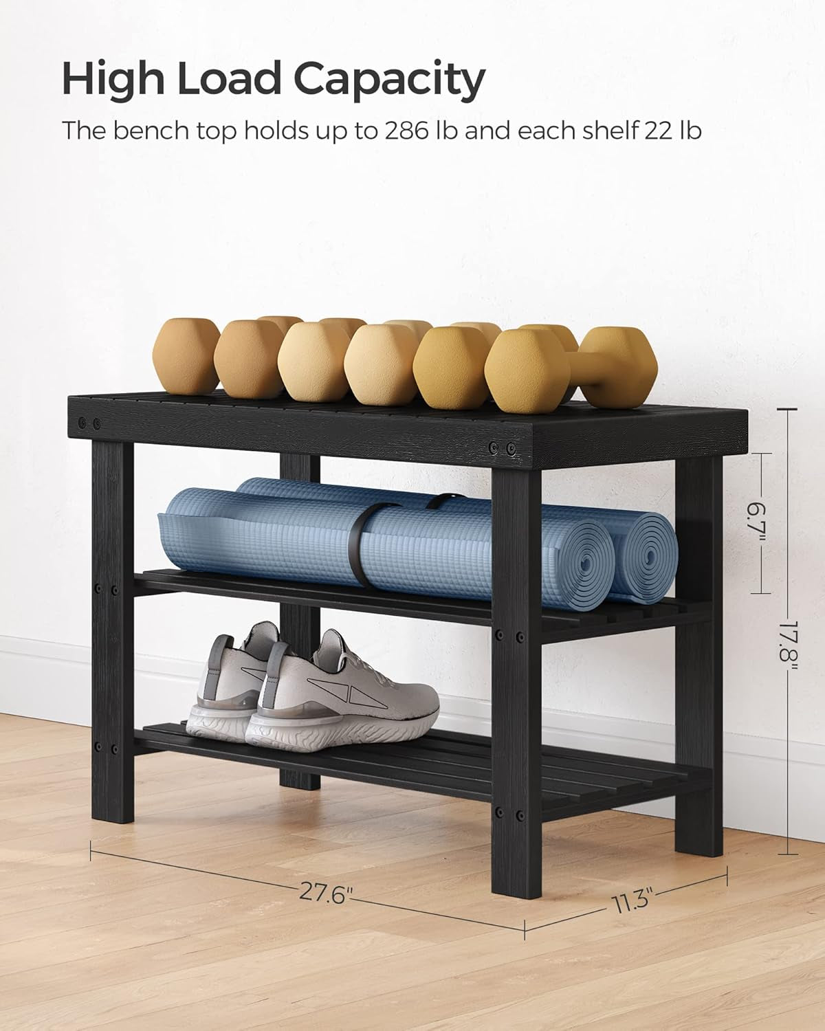 Shoe Rack Bench, 3-Tier Bamboo Shoe Storage Organizer, Entryway Bench, Holds up to 286 Lb, 11.3 X 27.6 X 17.8 Inches, for Entryway Bathroom Bedroom, Ink Black ULBS04H