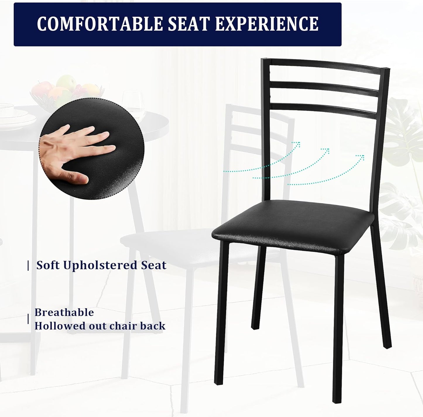 Metal Dining Chair Set of 2, Modern Armless with Cushioned Seat for Kitchen, Living Room, Black