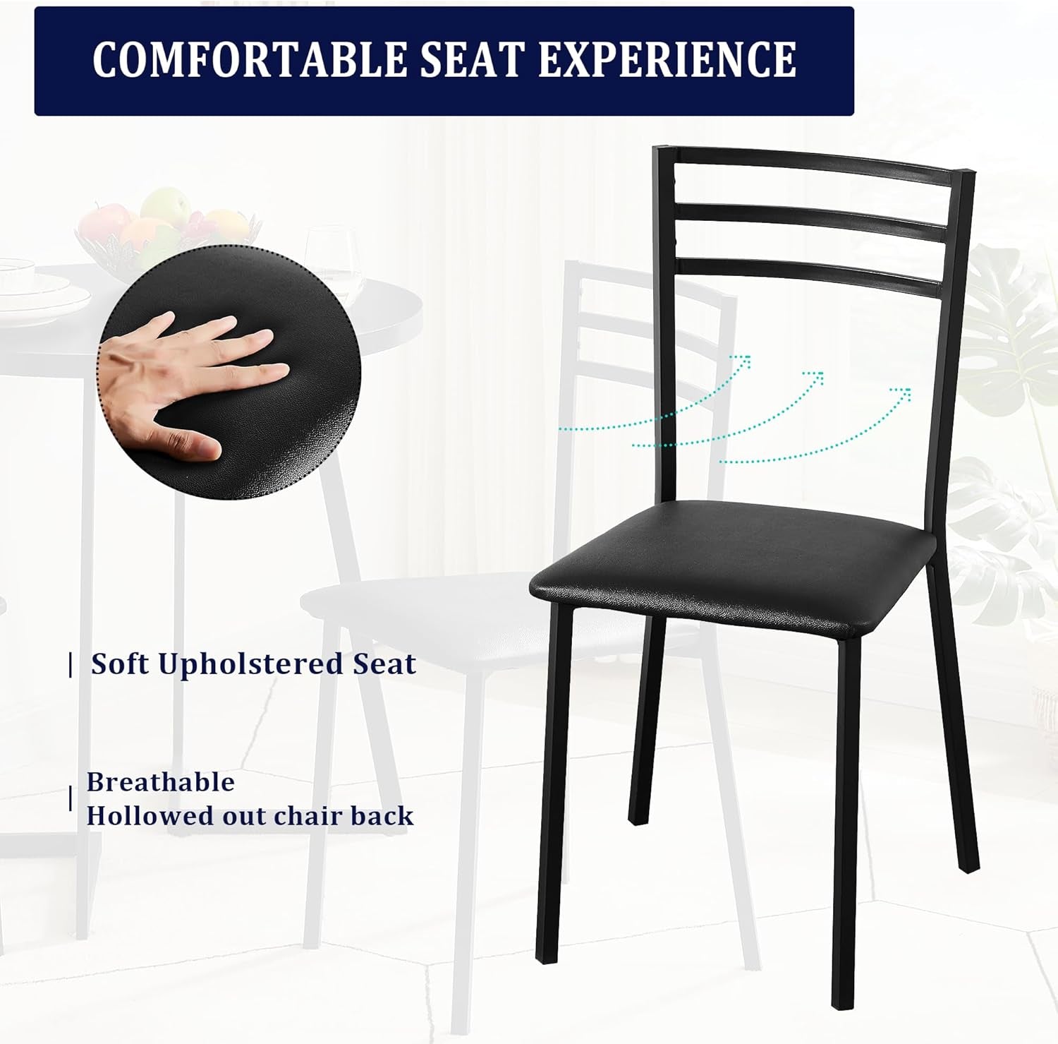 Metal Dining Chair Set of 2, Modern Armless with Cushioned Seat for Kitchen, Living Room, Black