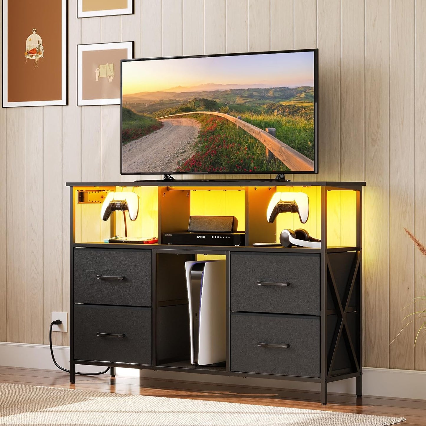 Dresser TV Stand, Entertainment Center with Power Outlets and LED Light, Media Console with Drawers and Open Shelves for 50'' TV, for Living Room, Bedroom, Black TVHB110E01N1