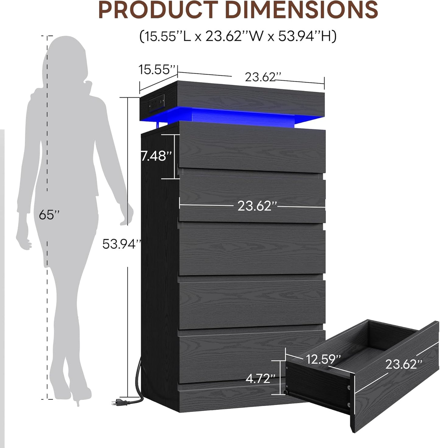 54" Tall 5 Drawer Dresser for Bedroom, Black Dresser with LED Light and Power Outlet, Wood Modern Chest of Drawers for Living Room, Entryway, Hallway