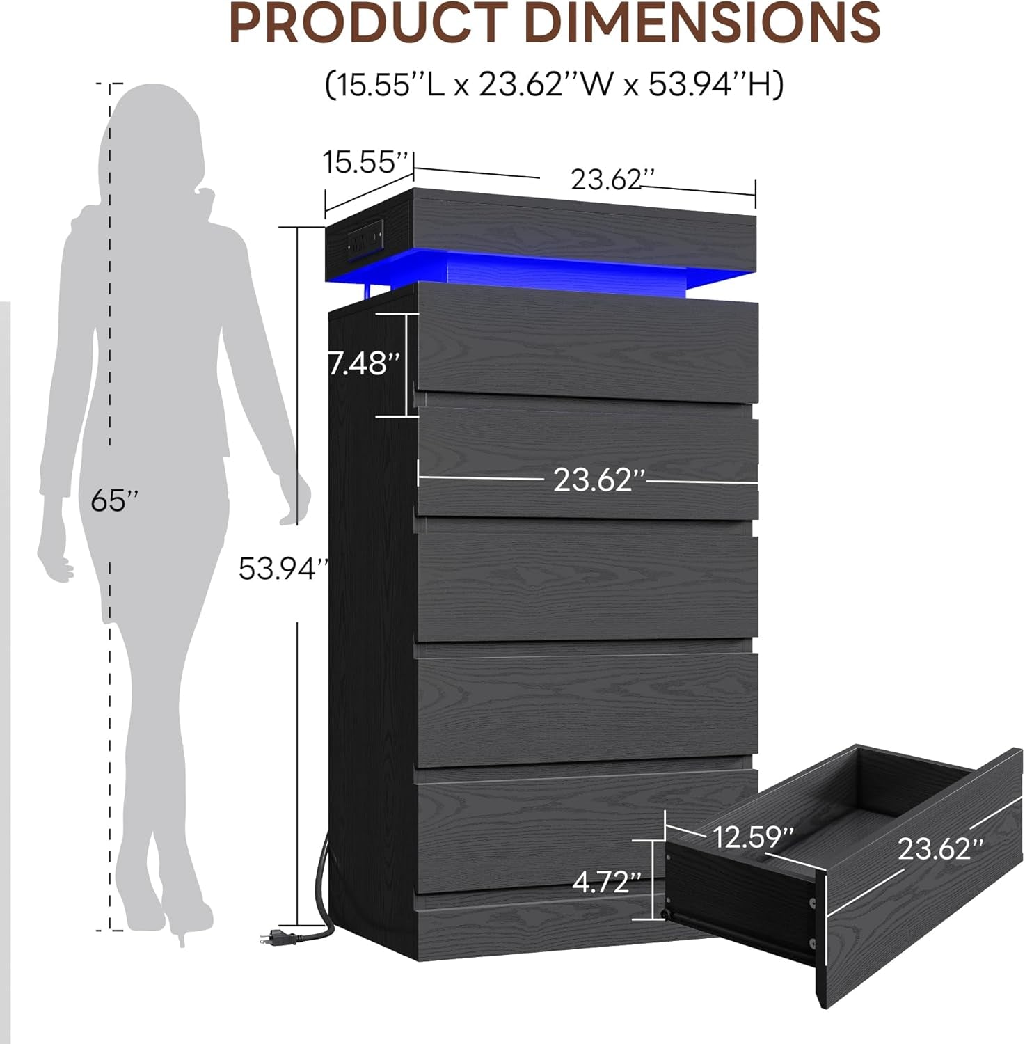 54" Tall 5 Drawer Dresser for Bedroom, Black Dresser with LED Light and Power Outlet, Wood Modern Chest of Drawers for Living Room, Entryway, Hallway