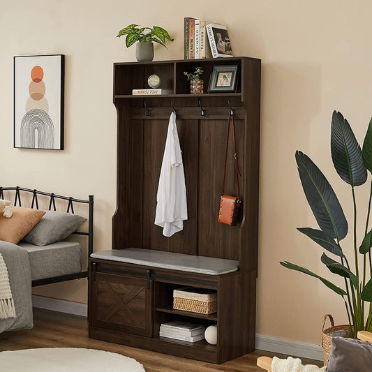 Hall Trees with Bench and Coat Racks, Farmhouse 71 Inch Entryway Bench with Sliding Barn Door, Wood Coat Tree Mudroom Storage Benches with Drawers (Walnut)