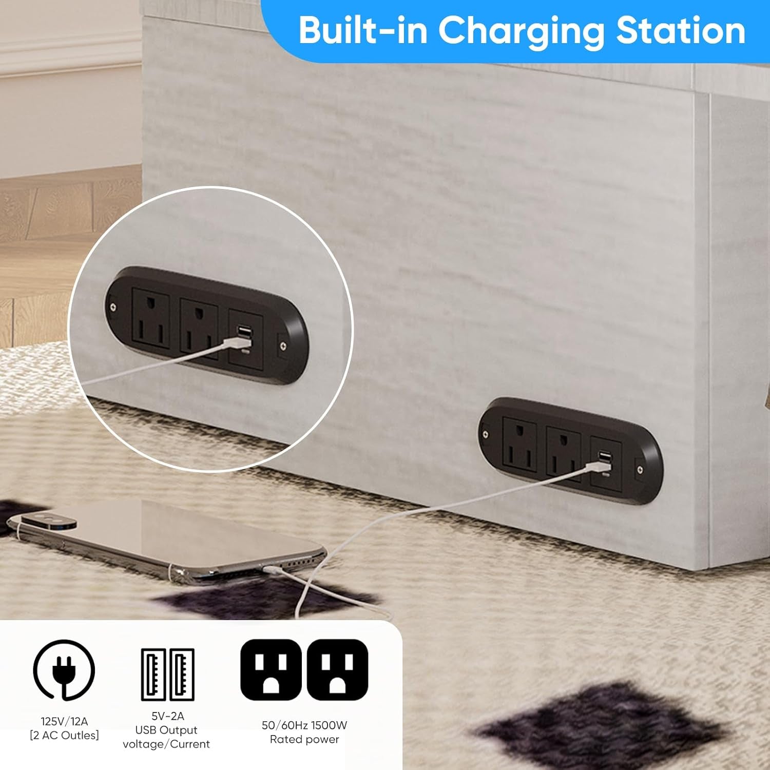 63" W Murphy Bed with Tri-Folding Mattress, Queen Cabinet Bed with Built-In Charging Station & Drawer Storage for Living Room, Apartment, Office, Home, Bedroom, White