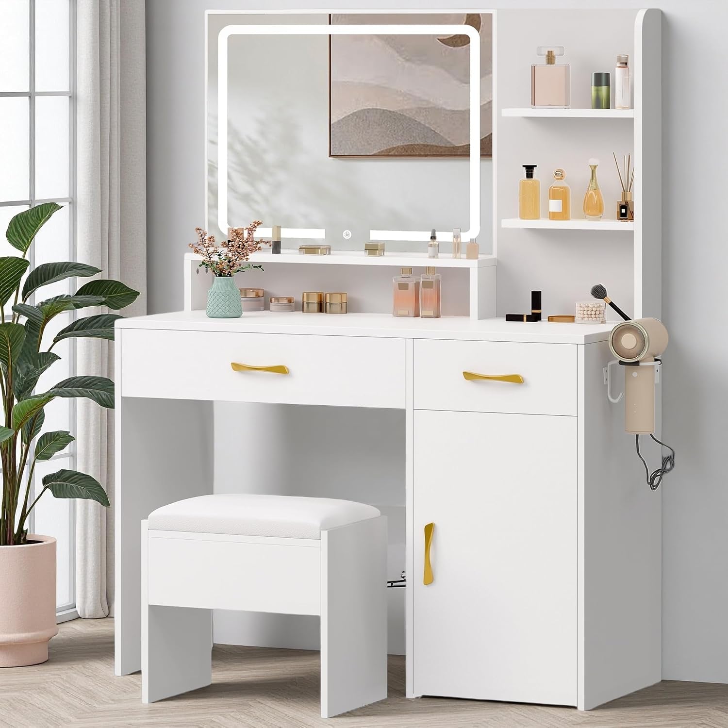 Vanity Desk, Makeup Vanity Table with LED Mirror, Power Outlets, Storage Drawers & Cabinet, Shelves, and Cushioned Stool, White Dressing Room Vanity Set