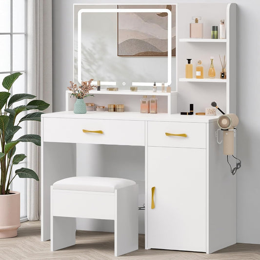 Vanity Desk, Makeup Vanity Table with LED Mirror, Power Outlets, Storage Drawers & Cabinet, Shelves, and Cushioned Stool, White Dressing Room Vanity Set