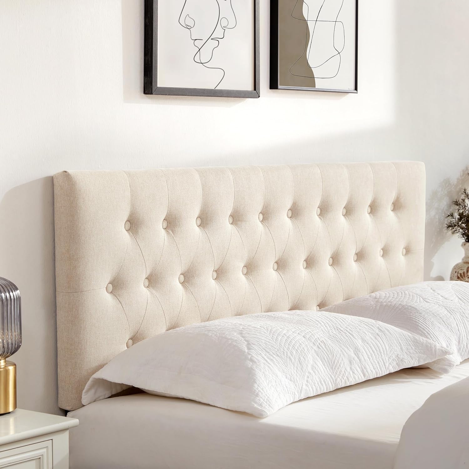Tufted Upholstered Headboard Queen Size, Solid Wood Head Board with Durable Metal Legs, Adjustable Height Bed Headboard from 37” to 51” Fabric Headboard in Modern Button Design, Beige