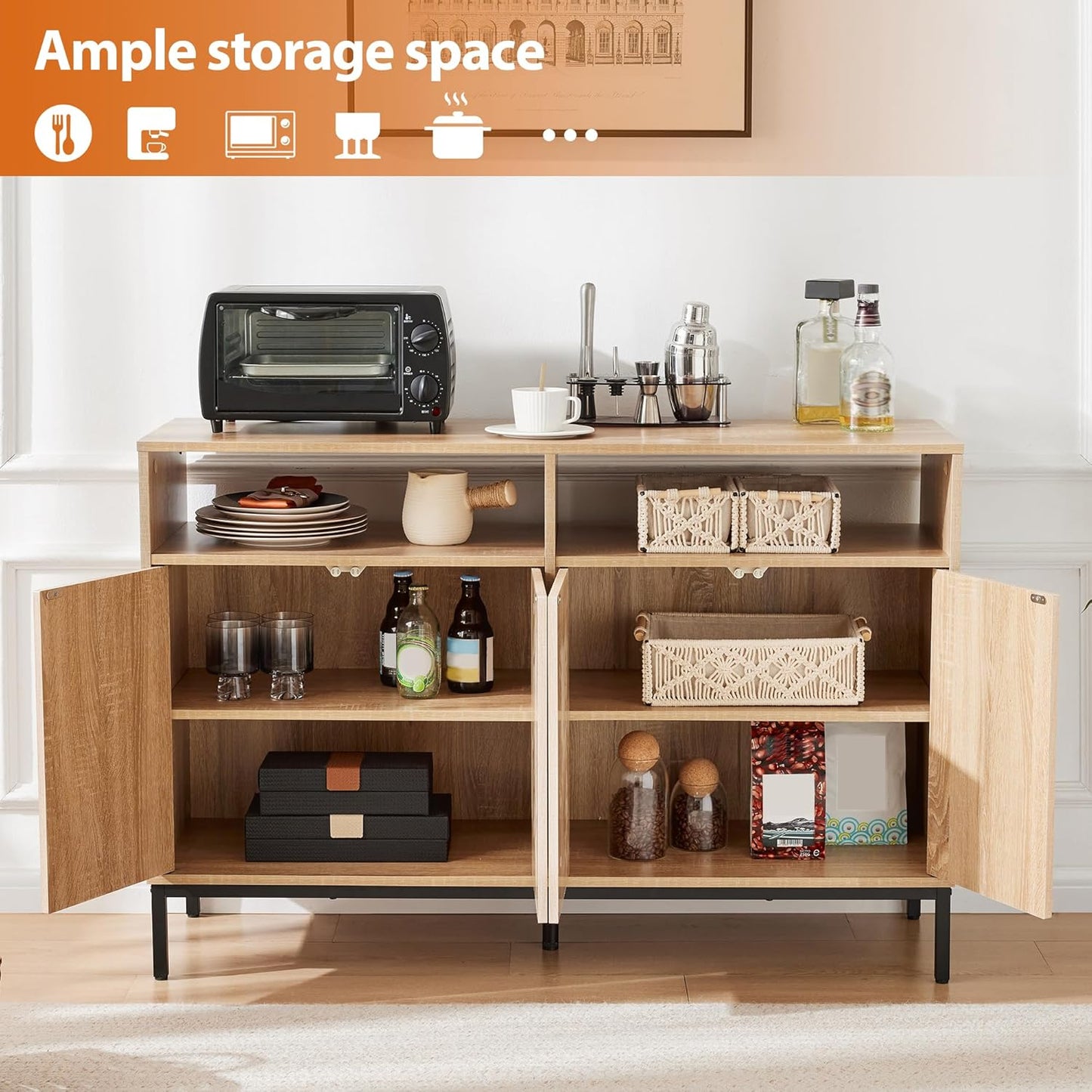 Farmhouse Buffet Sideboard Cabinet with Storage, Fluted Natural Coffee Bar Station Table with Doors and Adjustable Shelves, Modern Wood Cupboard for Kitchen