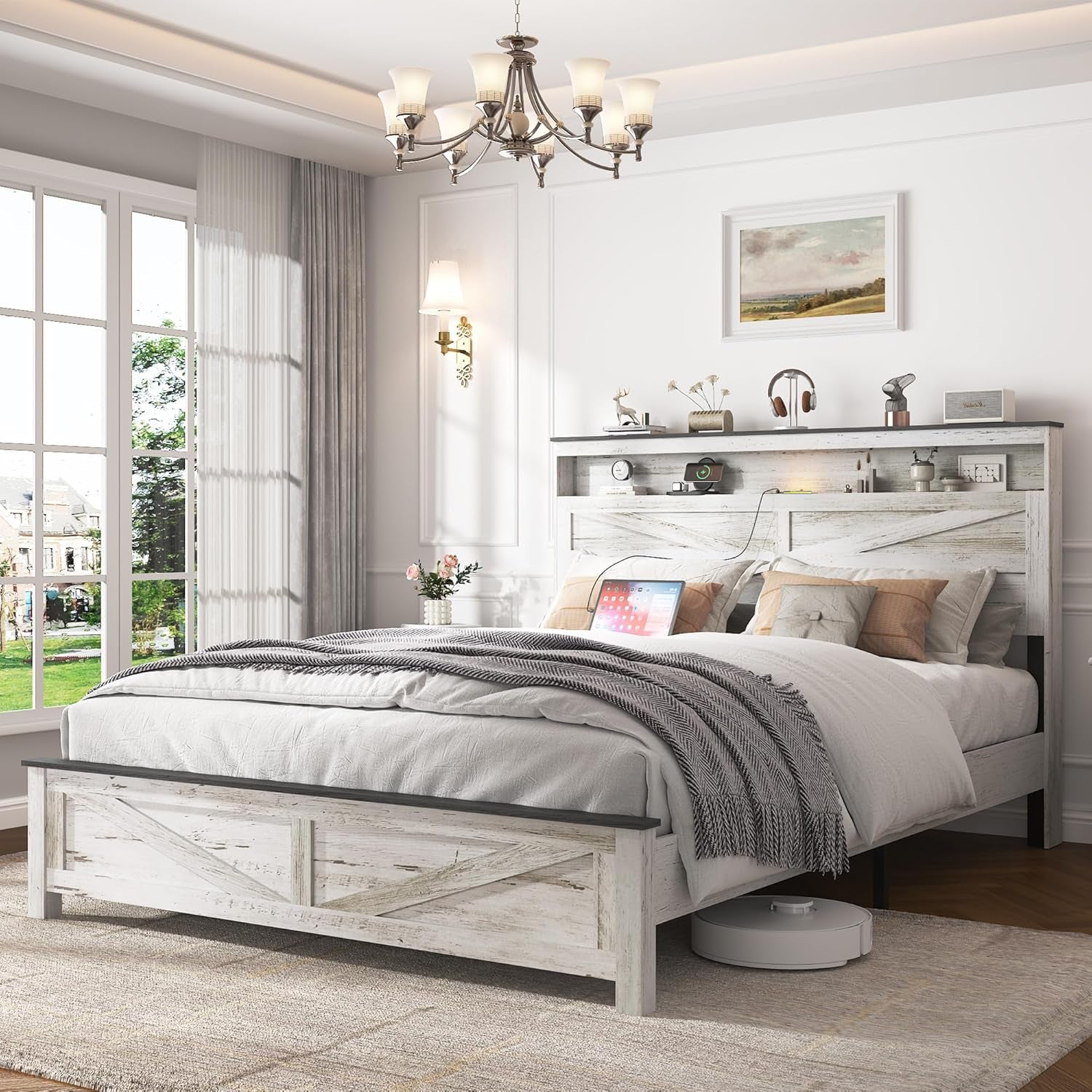 Farmhouse Wooden Bed Frame Full Size with Storage Headboard, Boho Platform Bedframe with LED Lights and Charging Station, Metal Slats Support, No Box Spring Needed, White