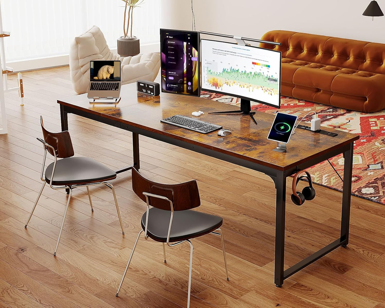 71 Inch Computer Desk with USB Ports, Large Office Desk, Long Study Student Writing Desk, Rustic Brown