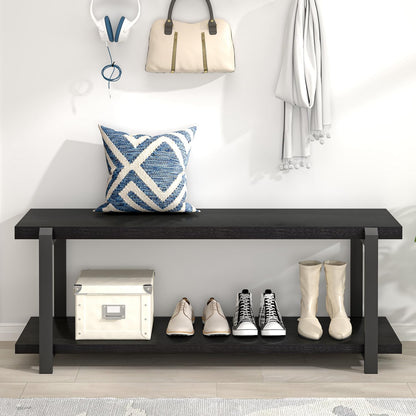 Entryway Bench, Modern Wood and Metal Storage Bench for Hallway, Industrial Indoor Shoe Rack Bench Seat for Living Room Bedroom, Black Oak 47 Inch Long