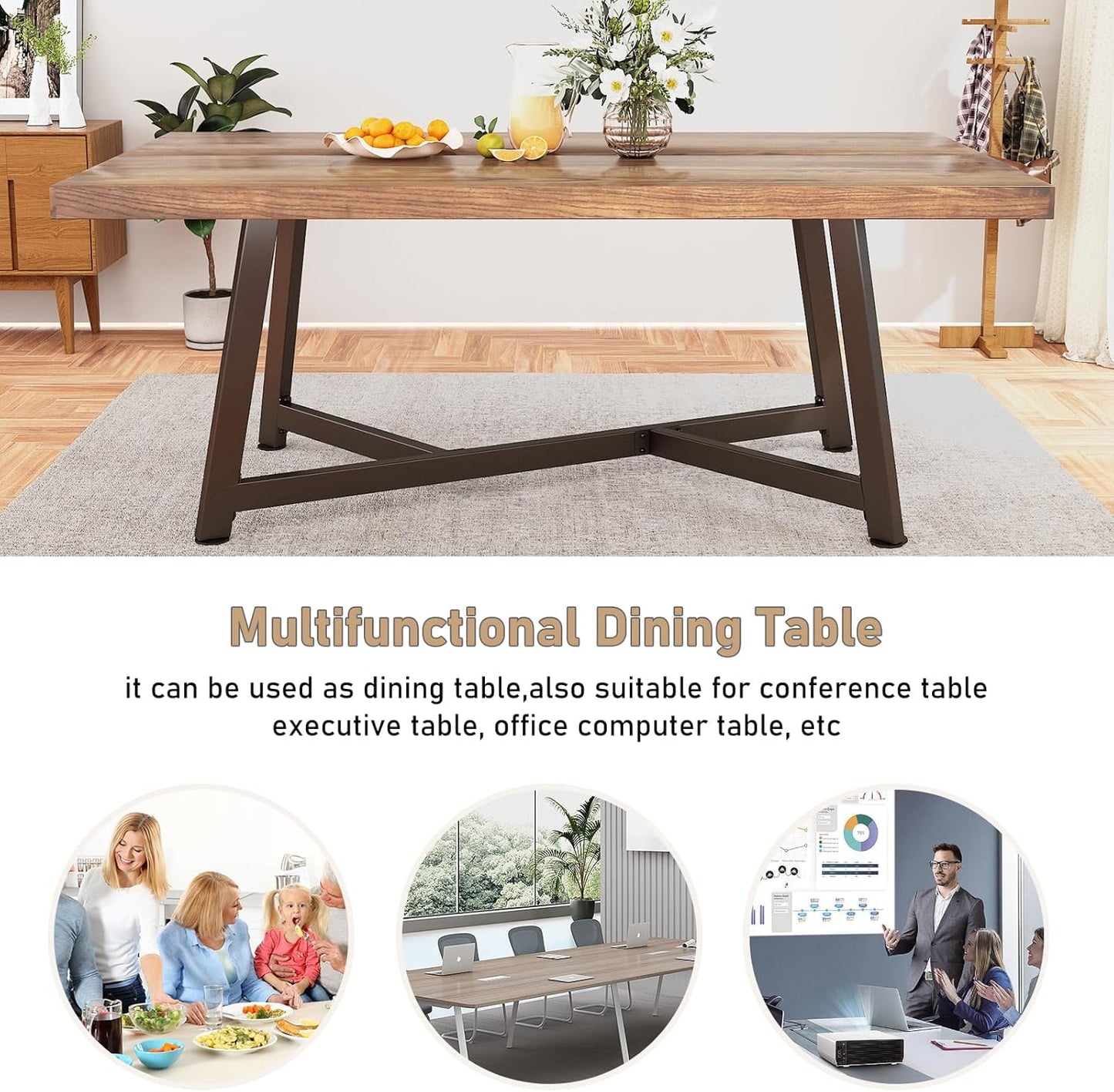 71" Farmhouse Solid Wood Dining Table for 4 6 8 People, Rustic Large Wooden Kitchen Table Rectangular Hardwood Top with Steel Leg X-Base, Home Office Kitchen Furniture, Oak
