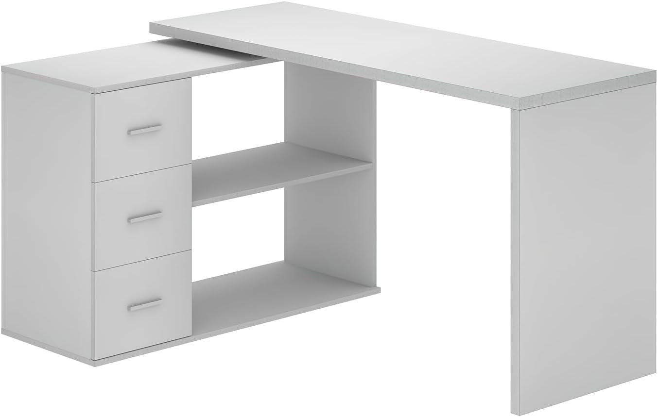 White L-Shaped Computer Desk with 3 Drawers and 2 Shelves, Reversible Home Office Corner Desk for Writing Study Work Executive, 55 Inch Bedroom Wood Table Workstation Desk with Storage Cabinet