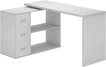 White L-Shaped Computer Desk with 3 Drawers and 2 Shelves, Reversible Home Office Corner Desk for Writing Study Work Executive, 55 Inch Bedroom Wood Table Workstation Desk with Storage Cabinet