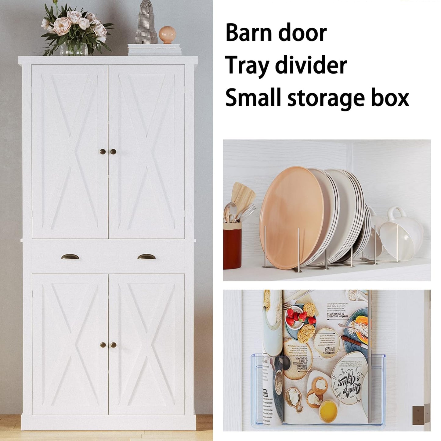 Kitchen Pantry Storage Cabinet 72.6" H, with Barn Doors, Drawer, 4 Adjustable Shelves, Freestanding Cupboard, Laundry, White