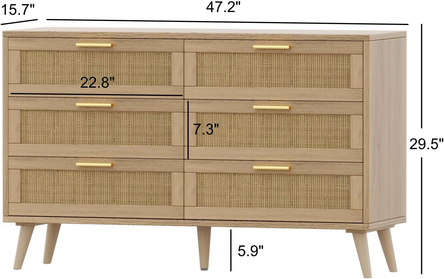 6 Drawer Double Dresser for Bedroom, Rattan Chest of Dressers, Modern Wooden Dresser Chest with Golden Handles, beside Table for Closet, Living Room and Entryway, Natural