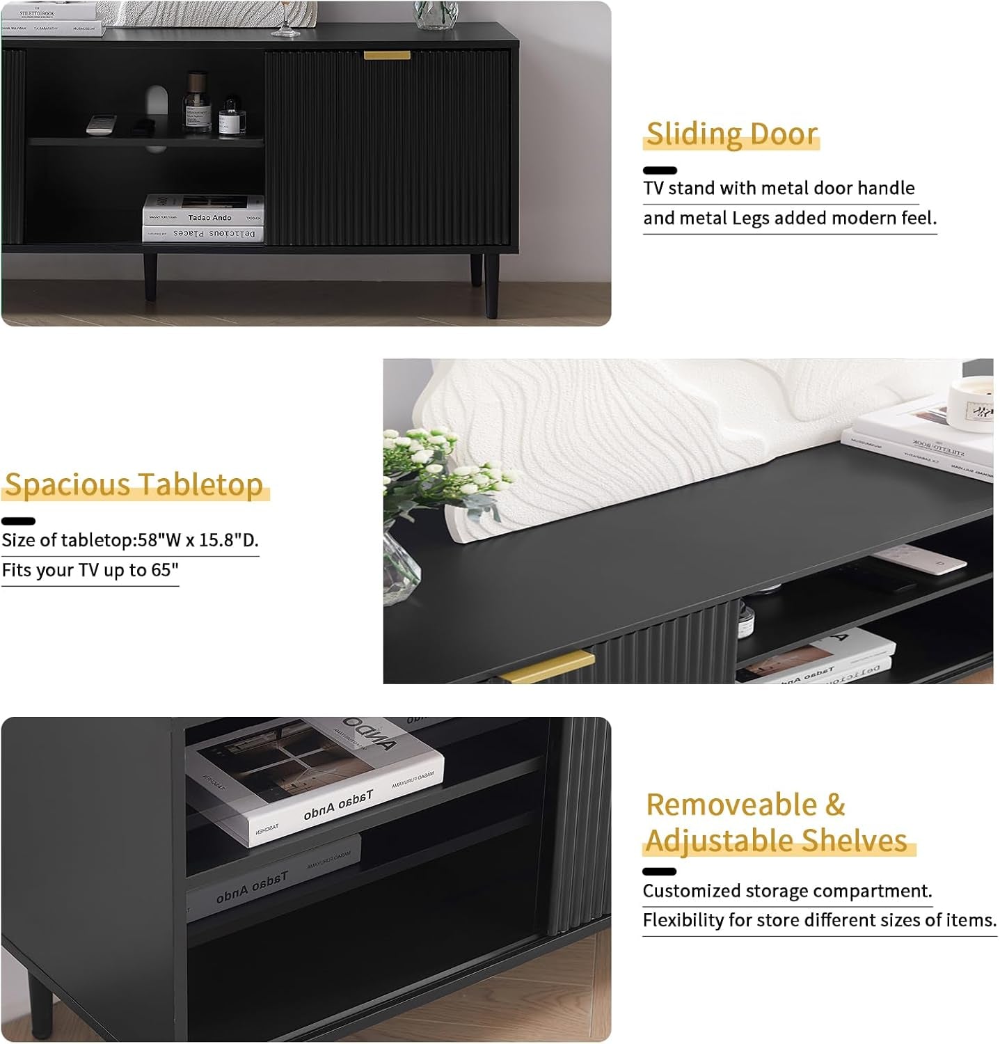 Black TV Stand, Modern TV Consoles for Living Room 65+ Inch TV, Fluted Panel Media Console with Sliding Doors & Ajustable Shelves, Entertainment Stand with Storage Cabinets