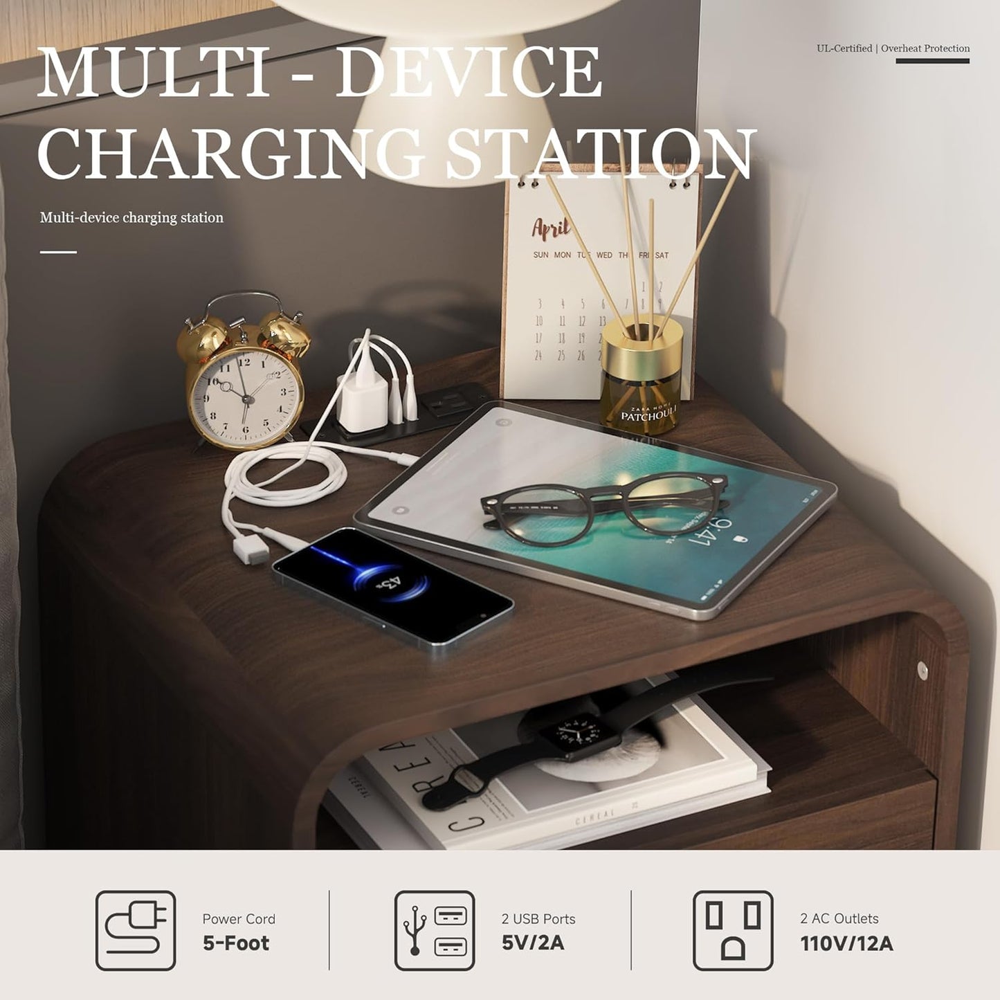 22.2'' Nightstands Set of 2 with Charging Station, Mid-Century Modern Bedside Table W/2 Drawers and Shelves, Side Table and End Table for Bedroom and Living Room, Curved Design(Walnut)