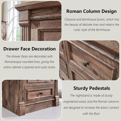 26" Tall Nightstand with Charging Station, Farmhouse 23.6" Wide Large End Table W/Roman Column, Wood Rustic Side Table W/Open Shelf, 2 Drawers Dresser for Bedroom, Living Room, Light Brown