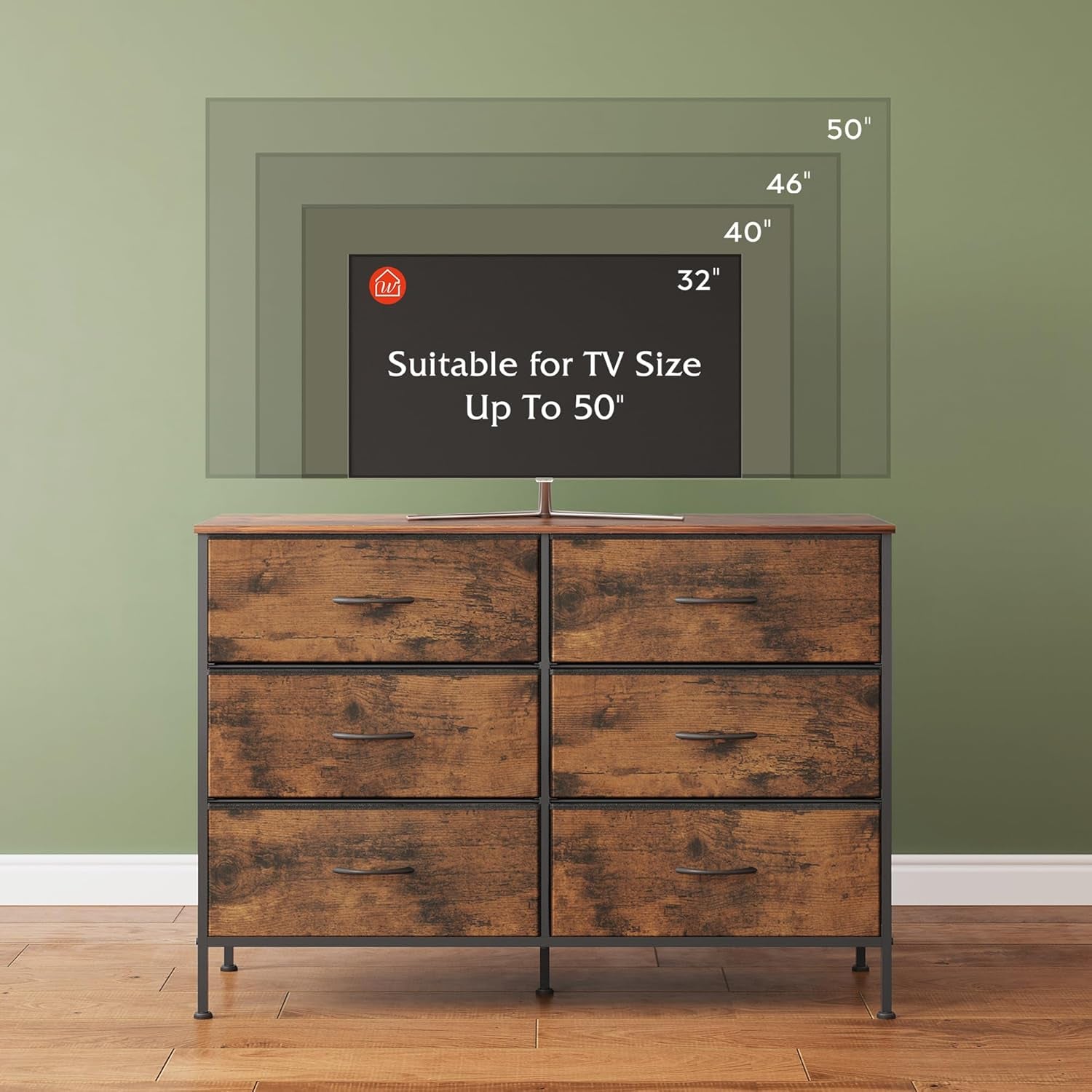 Dresser for Bedroom with 6 Drawers, Wide Fabric Dresser TV Stand for 50 Inches TV, with Metal Frame, Wooden Top, Fabric Storage Dressers for Bedroom, Hallway, Entryway, Rustic Brown