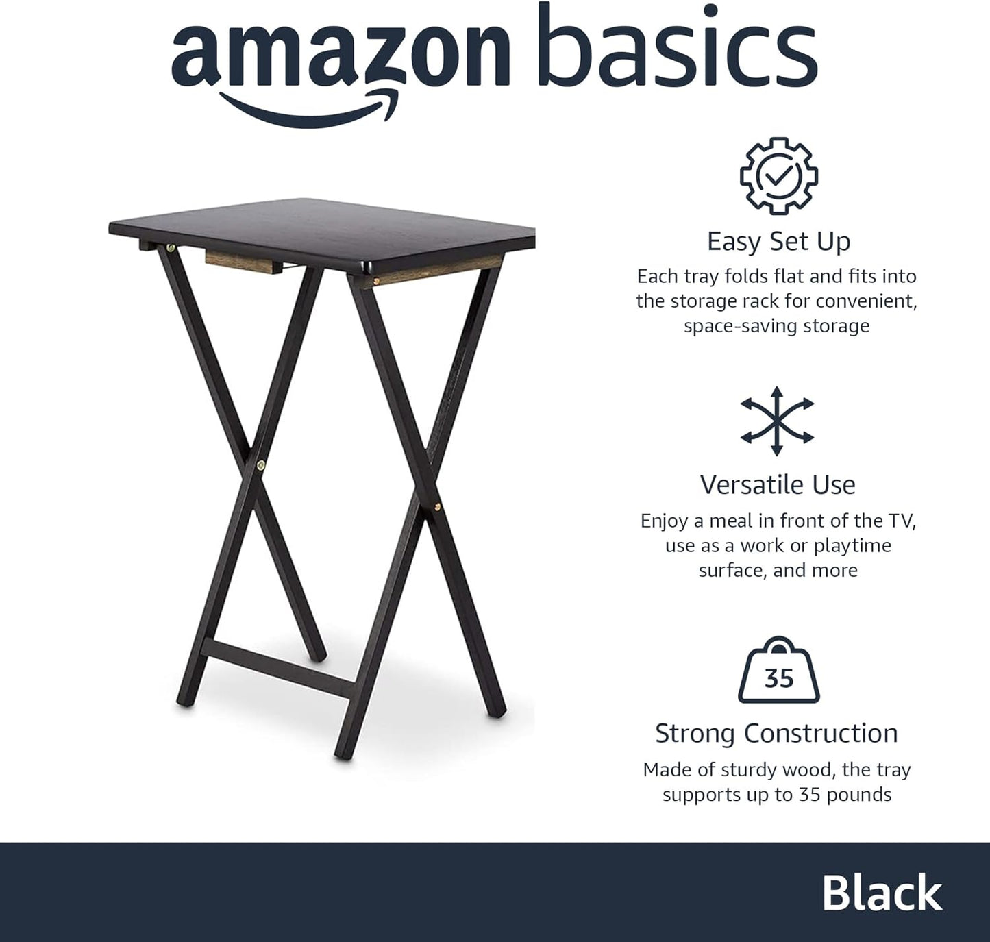 Portable TV Dinner 4-Pack Rectangular Folding Tray Table with Storage Rack, Black, 15" X 19" X 26"