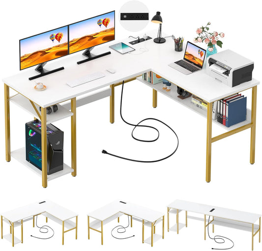 Reversible L Shaped Desk with Magic Power Outlets and USB Charging Ports, Sturdy Corner Computer Desk with Storage Shelves, Gaming Table Home Office Desk, Easy to Assemble, White and Gold