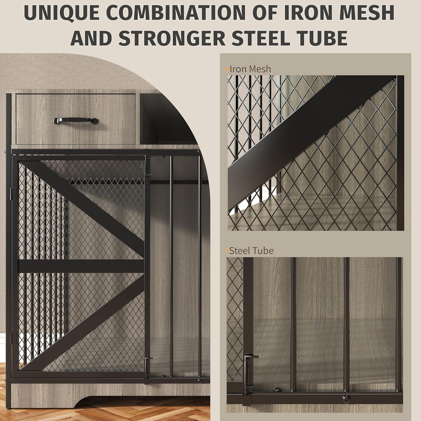 44" Large Dog Crate Furniture, Wooden Heavy Duty Dog Kennel TV Stand with 2 Drawers, Indoor Multi-Functional Decorative XL Furniture for Medium & Large Breeds, Grey