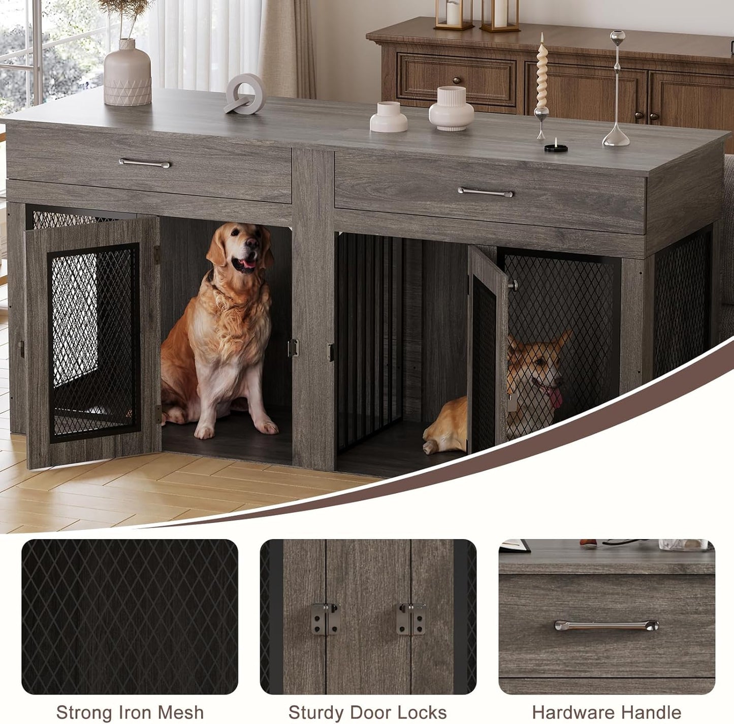70.9 Inch Double Dog Crate Furniture with Drawers, Wooden Large Dog Kennel TV Stand with Divider and Double Doors, 70.9"* 23.6"* 33.5"H, (Wash Grey)