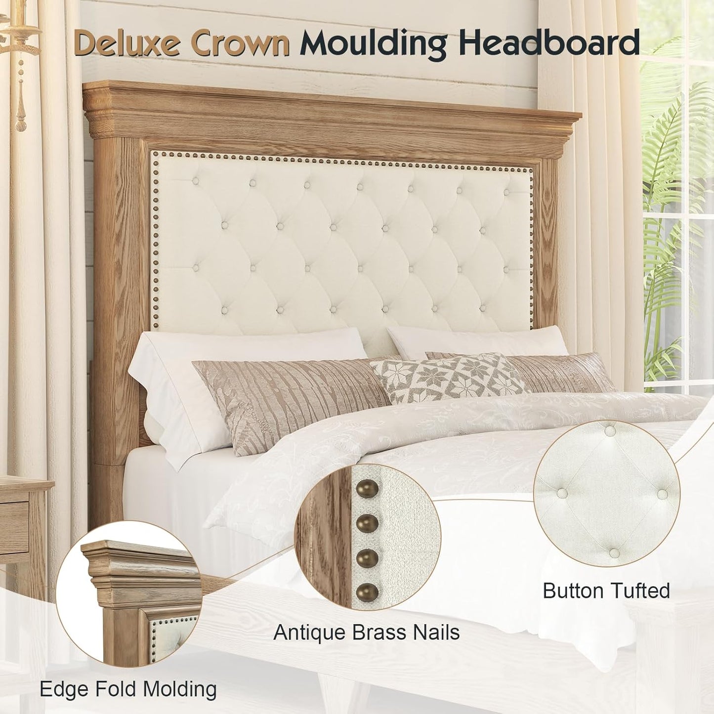 Queen Rustic Solid Wood Bed Frame with 68" Tall Headboard, Farmhouse Chenille Upholstered Panel Platform Bed Mattress Frame, Button Tufted/Antique Brass Nail Trim/No Box Spring Needed, Milk Ash