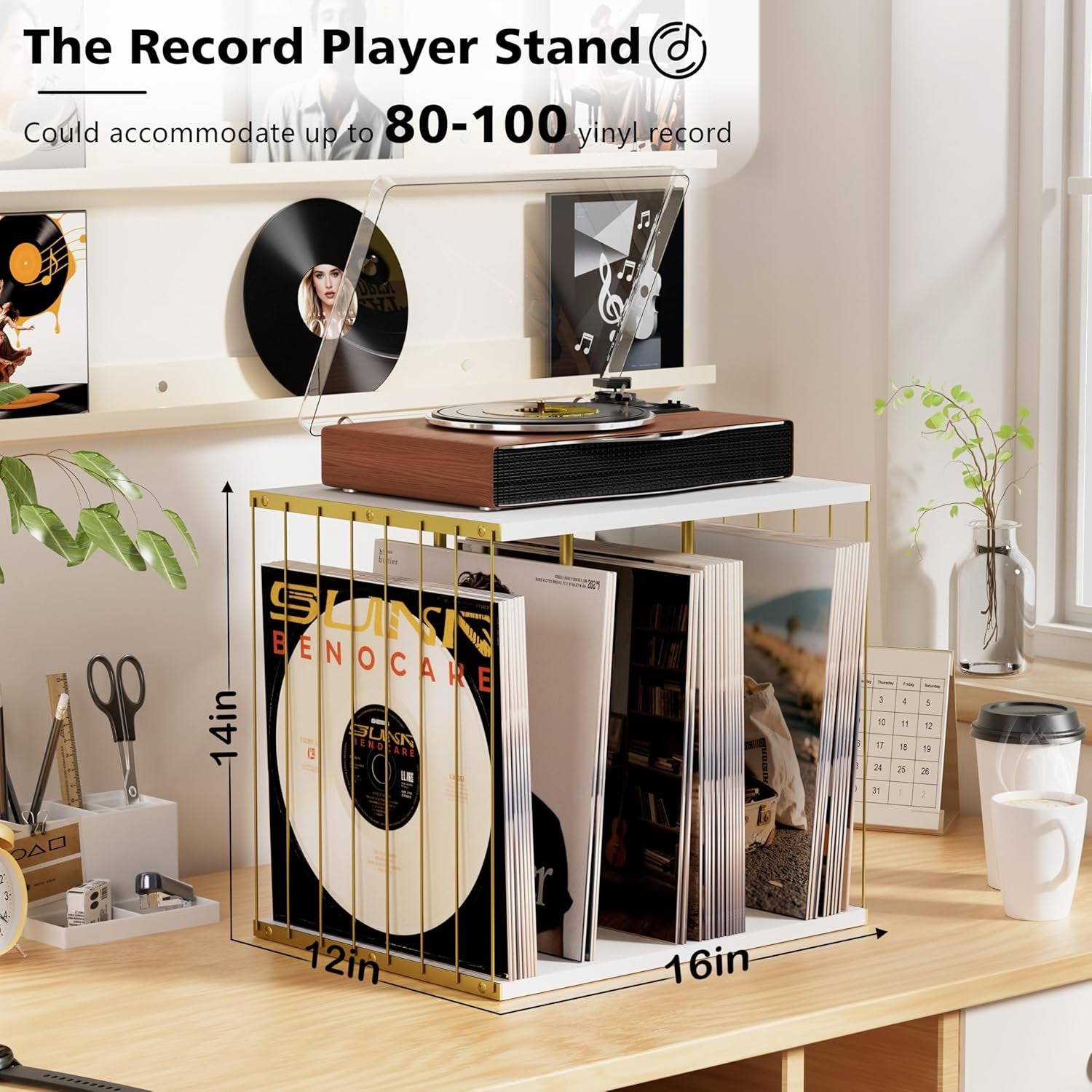 Vinyl Record Storage, Metal & Wooden Vinyl Record Holder up to 80 Album, 3-Compartment Record Player Stand for Magazine, Book, Files, Albums (White)