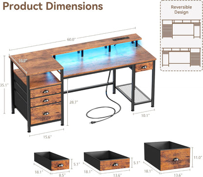 60" Computer Desk with File Cabinet and Storage Shelves, Reversible Home Office Desk with LED Lights, Full Monitor Stand, Power Outlets, Study Gaming Table with 4 Drawers, Rustic Brown