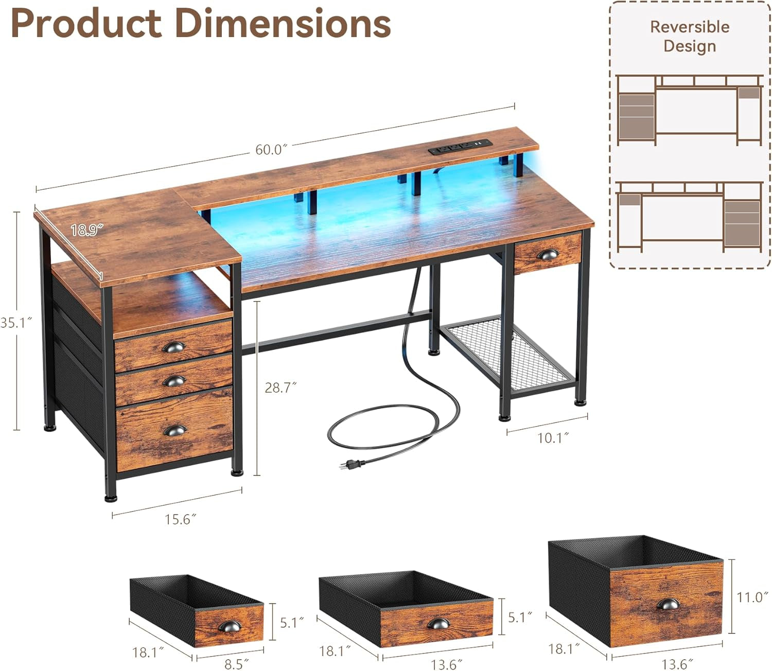 60" Computer Desk with 4 Drawers and Printer Space, Gaming Desk with LED Lights and USB Power Outlets, Office Desk with Fabric File Cabinet, Work Table with Shelf for Bedroom, Rustic Brown