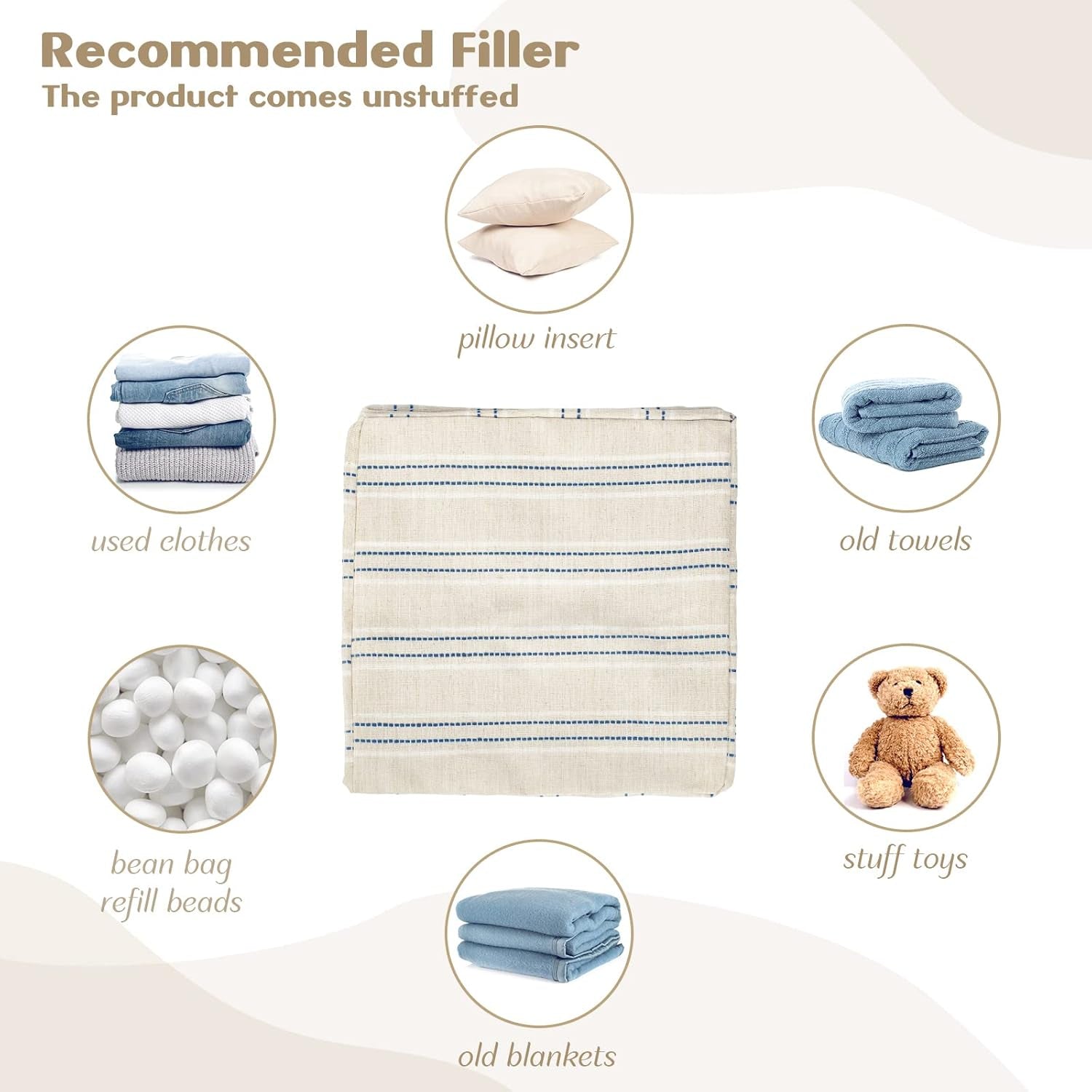 Unstuffed Farmhouse Pouf Cover for Living Room, Boho Storage Bean Bag Cubes, Beige with Navy Blue Stitch Yarn Dyed Stripe Square Ottoman Pouf Foot Rest Footstool, 18"X18"X18", Cover ONLY