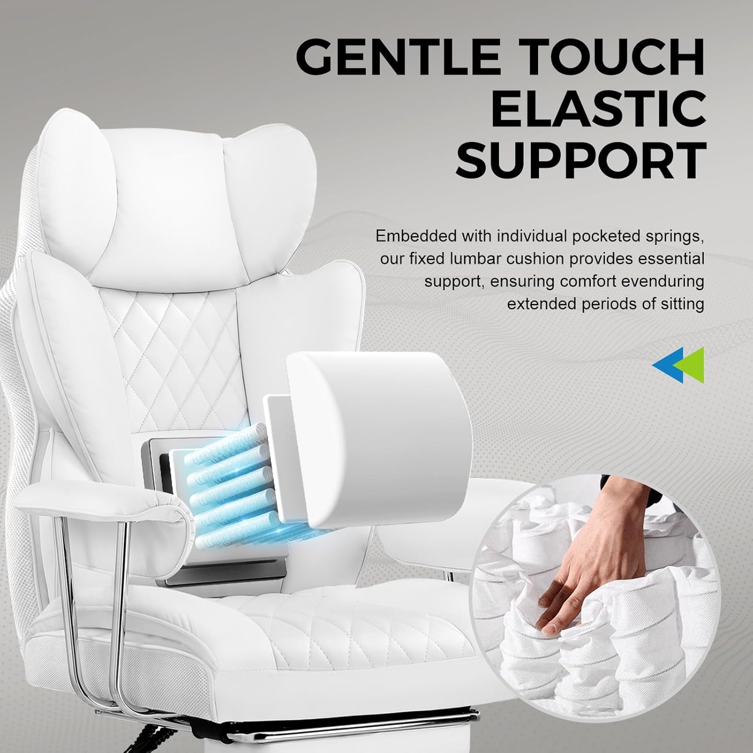 Gaming Chair,Office Chair with Pocket Spring Lumbar Support, Ergonomic Comfortable Wide Office Desk Computer Chair with Outward Fixed Soft Armrests and Footrest,(Pu Leather, White)