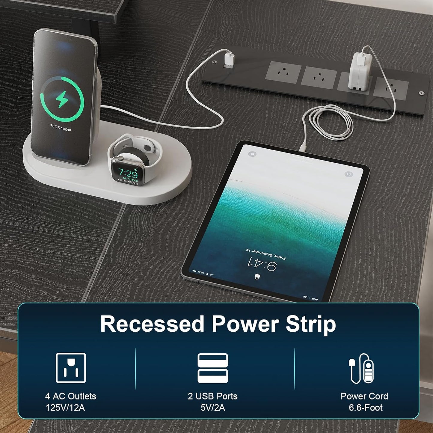 L Shaped Gaming Desk with Power Outlet & Led Light, 47 Inch Reversible Computer Desk with Shelves, Hooks, and Drawer, Cornor Home Office Desk Table for Living Room, Bedroom, Black