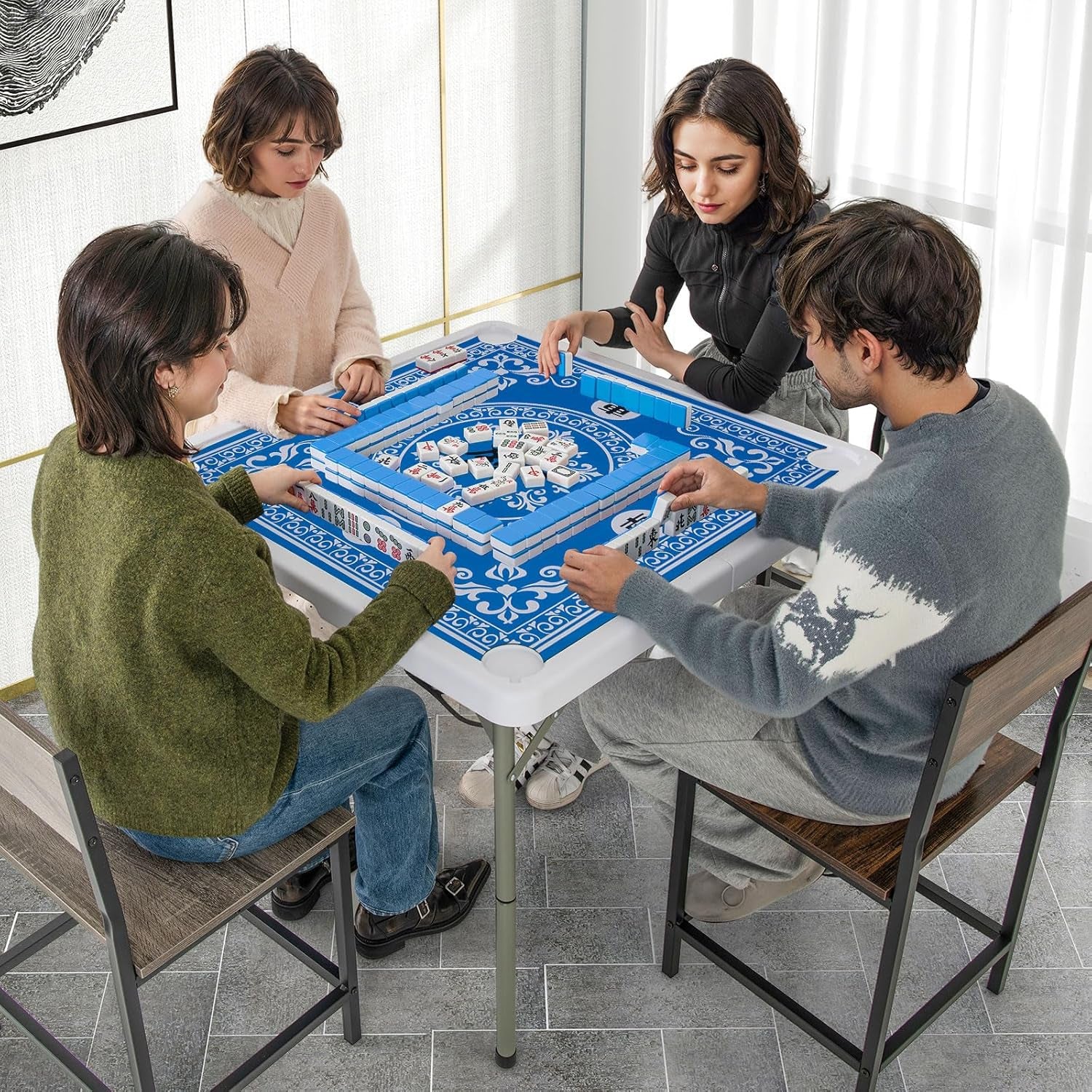 Folding Mahjong Table, 35" Square Card Table with Cup Holders, Removable Noise Reduction Mat, HDPE Tabletop, 4-Player Portable Domino Tables for Poker Blackjack Board Game (Blue)