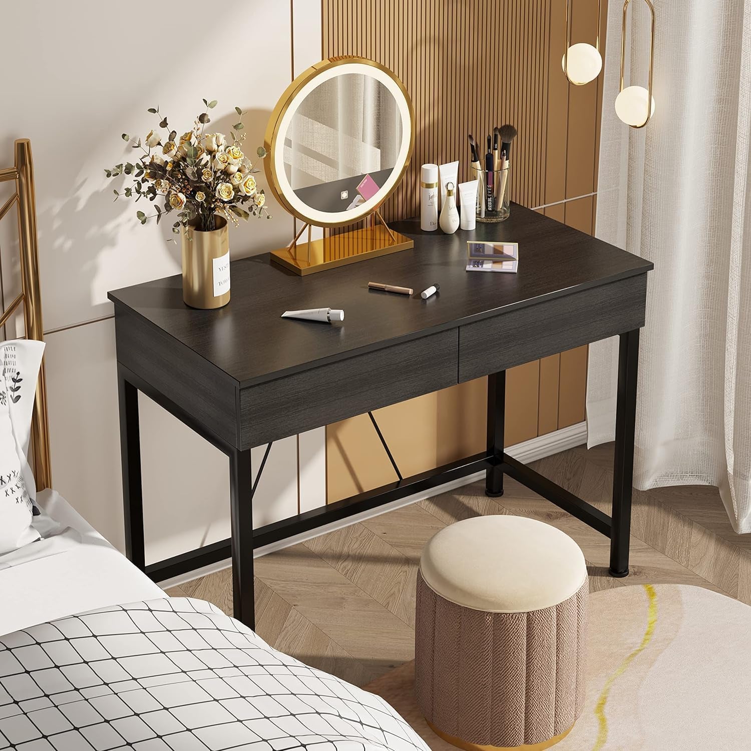 Small Computer Desk with Drawers, 39.4 Inch Home Office Desks with Storage, Simple Modern Kids Desk, Vanity Desk for Bedroom, Work Study Writing Desk Table for Small Spaces (Black, Wooden)