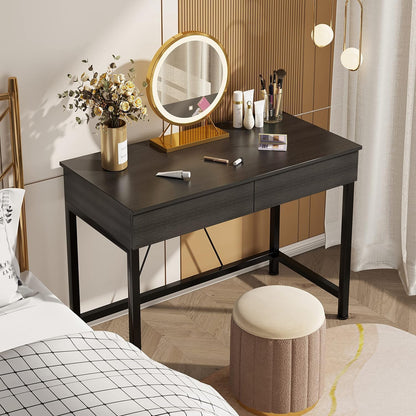 Small Computer Desk with Drawers, 39.4 Inch Home Office Desks with Storage, Simple Modern Kids Desk, Vanity Desk for Bedroom, Work Study Writing Desk Table for Small Spaces (Black, Wooden)