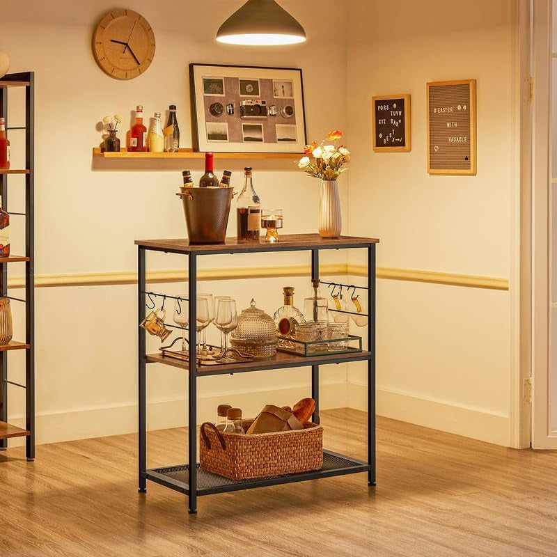 Bakers Rack, Kitchen Shelf, Kitchen Island, Microwave Oven Stand with 3 Open Shelves, 6 Hooks, Metal Frame, 15.7 X 31.5 X 35.4 Inches, Industrial, Rustic Brown and Black UKKI002B01