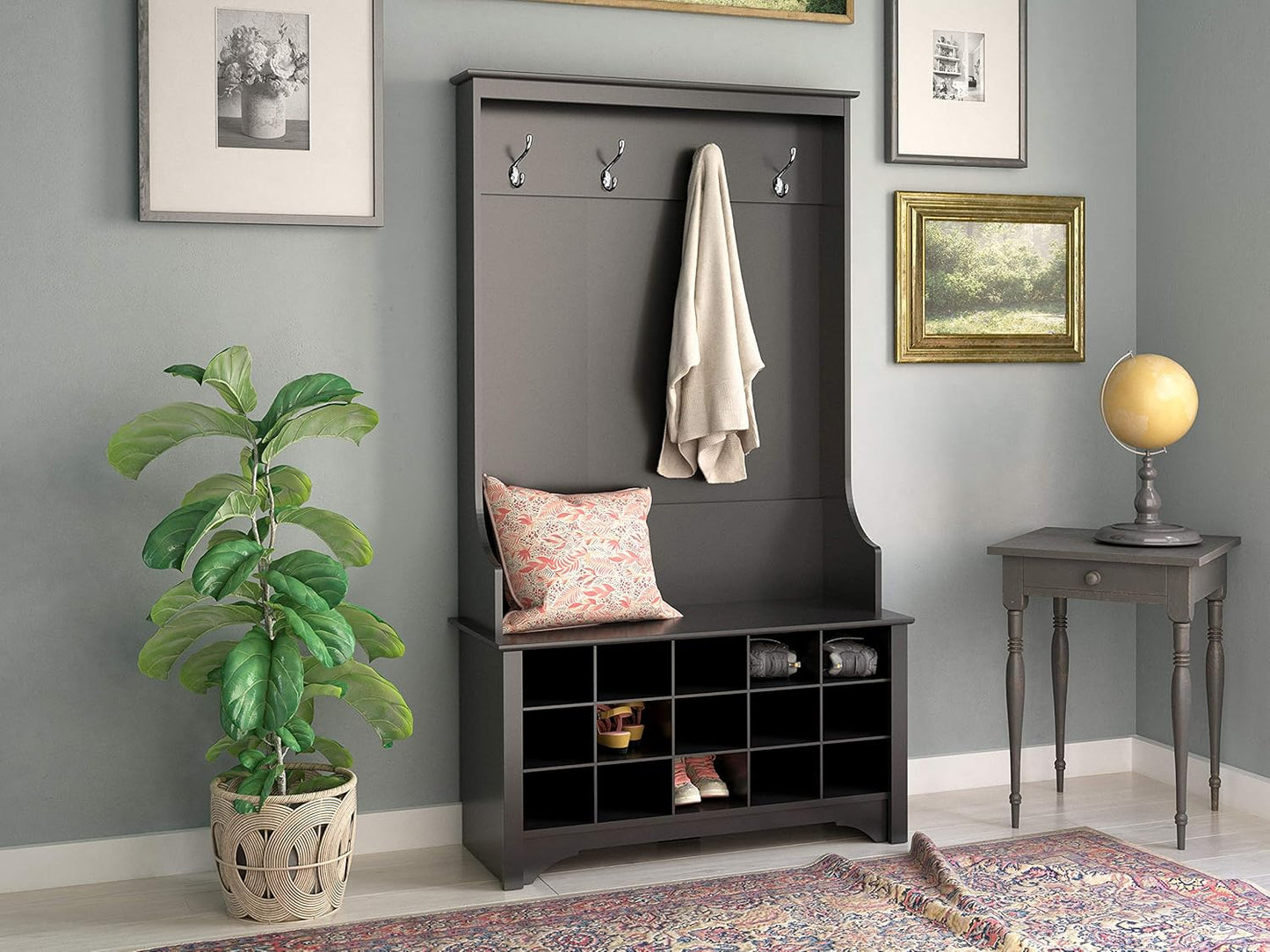 Entryway Organizer, Coat Rack, Hall Tree Features 4 Hooks for Coat Storage, & Hanging Bags; Furniture for Entryway with Bench & 15 Cubbies for Shoe Storage, 38” W X 68” H X 15.5” D, Black