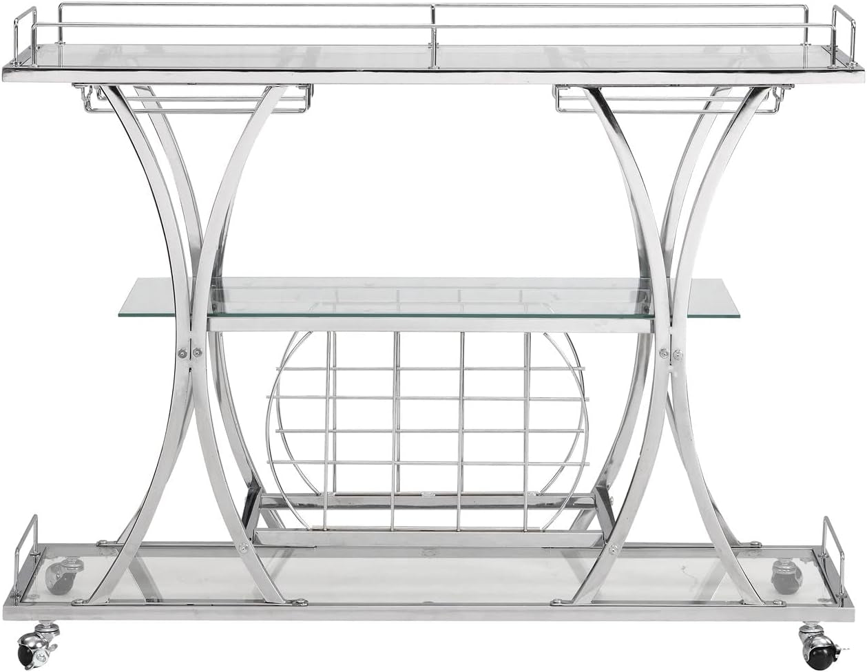 Silver Bar Carts with Glass Holders & Wine Rack,3 Tier Home Bar Serving Carts with Glass Shelves,Metal Rolling Bar Carts for the Home Kitchen, Party