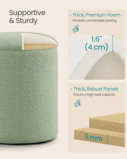 Vanity Stool, Set of 2, round Storage Ottoman, Small Ottoman Coffee Table, Foot Stool, Removable Lid, for Living Room, Bedroom, Hallway, Easy Assembly, Teddy Fleece, Laurel Green ULOM013CZ01