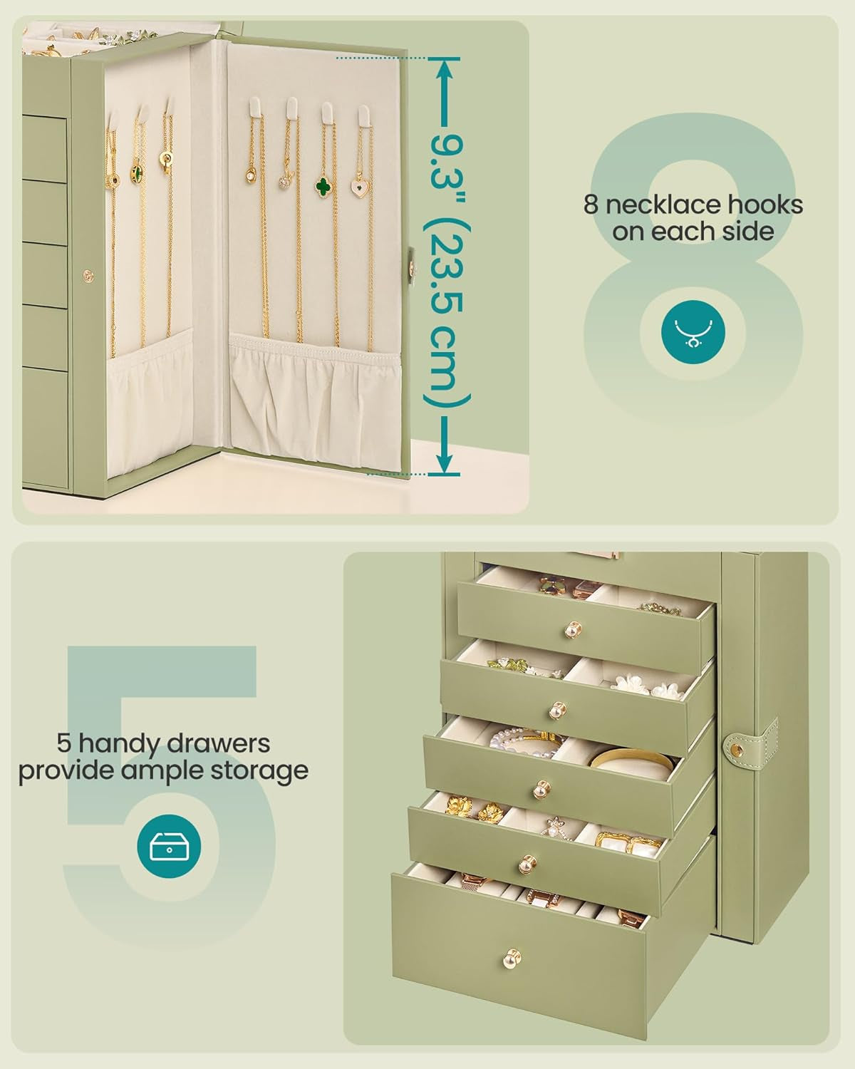 6-Layer Jewelry Box Organizer with 5 Drawers, Jewelry Storage Case with Lock and Mirror, Large Storage Capacity, Gift for Loved Ones, for Necklaces, Watches, Sage Green UJBC152CE01S